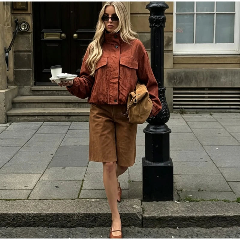 Casual Solid Loose Jacket Stand Collar With Big Pockets for Women