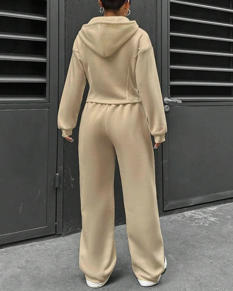 2 Pieces Pants Set Long Sleeve Zip Fly Slim Fit Hooded Top and Casual Wide Leg Pants Set