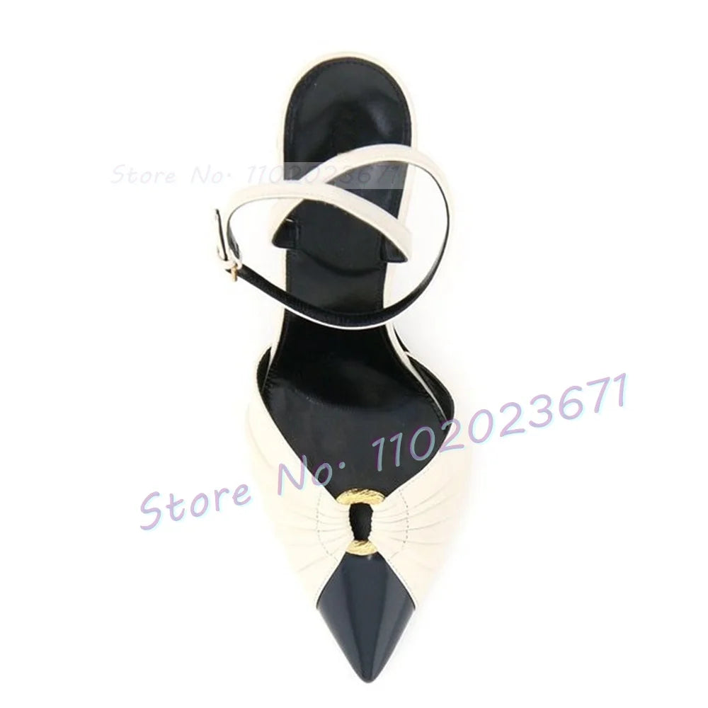 Pointy Metal Ring White Sandals Women Mixed Color Spike High Heels Elegant Work Shoes Office Lady 2023 Summer Bow knot Shoes