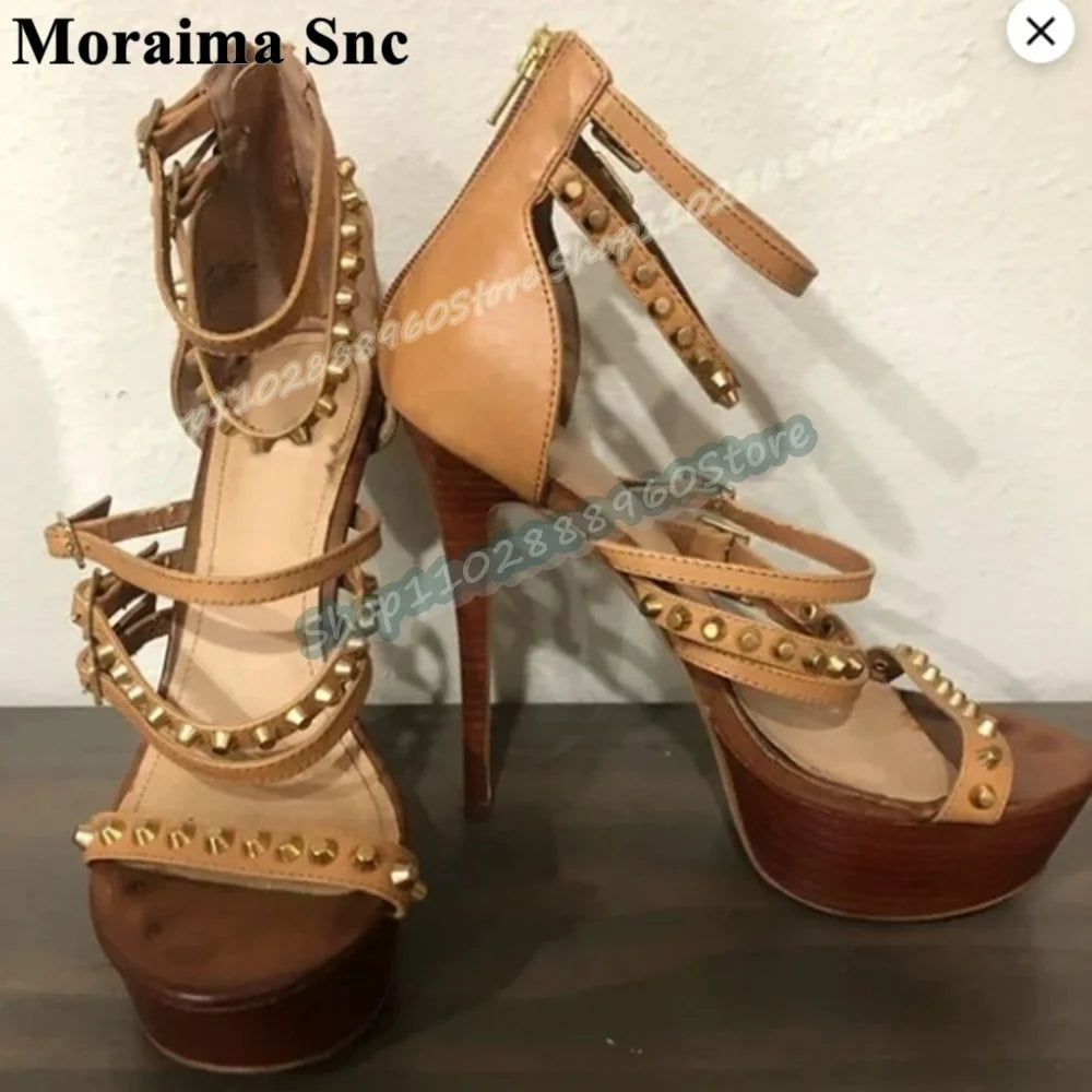 Khaki Rivet Buckle Strappy Platform Sandals For Women