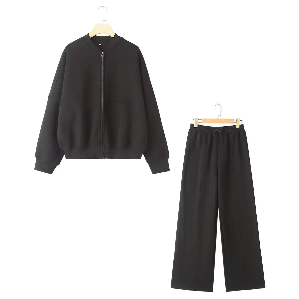 Retro Zipper Bomber Jacket and Velvet Pants Two Piece Set for Women