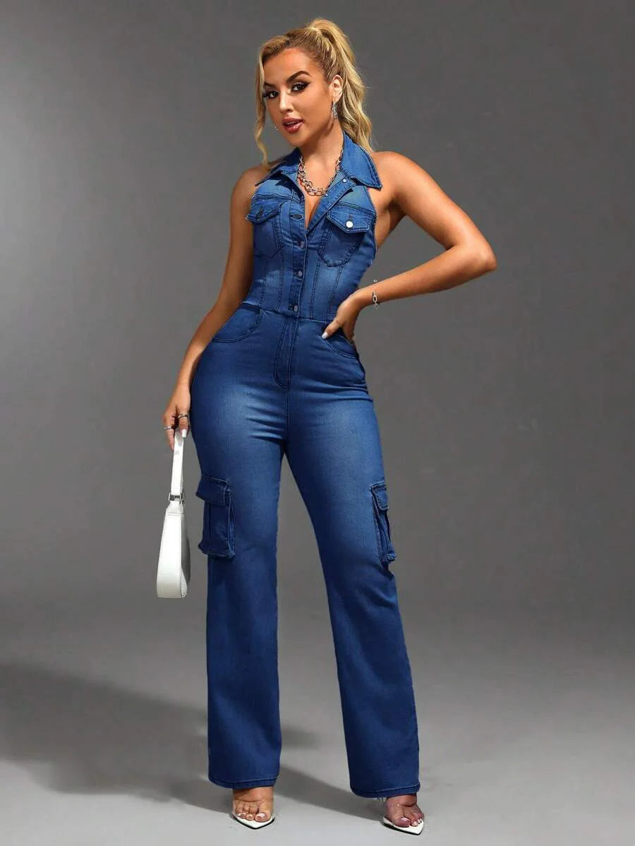 Elegant Blue Denim Cargo Halter Casual Jumpsuit for Women