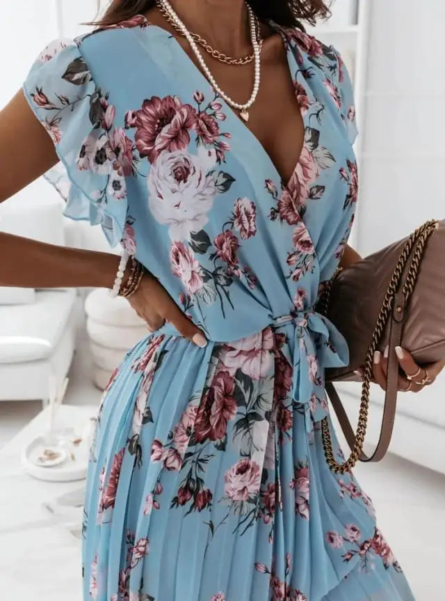 Floral Print Pleated Short Sleeve Ruffle Mini Dress for Women
