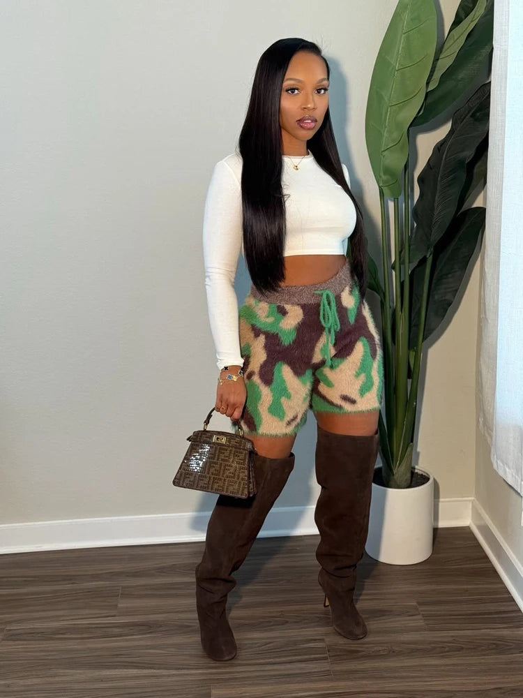 Fuzzy Camo High Waist Drawstring Shorts for Women