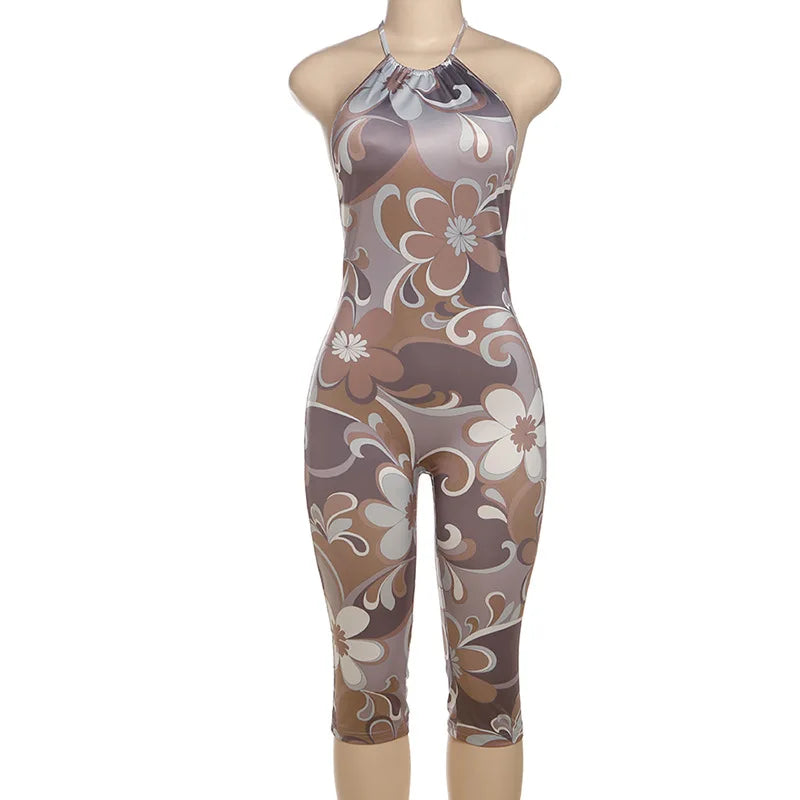 Floral Backless Halter Sleeveless Romper for Women