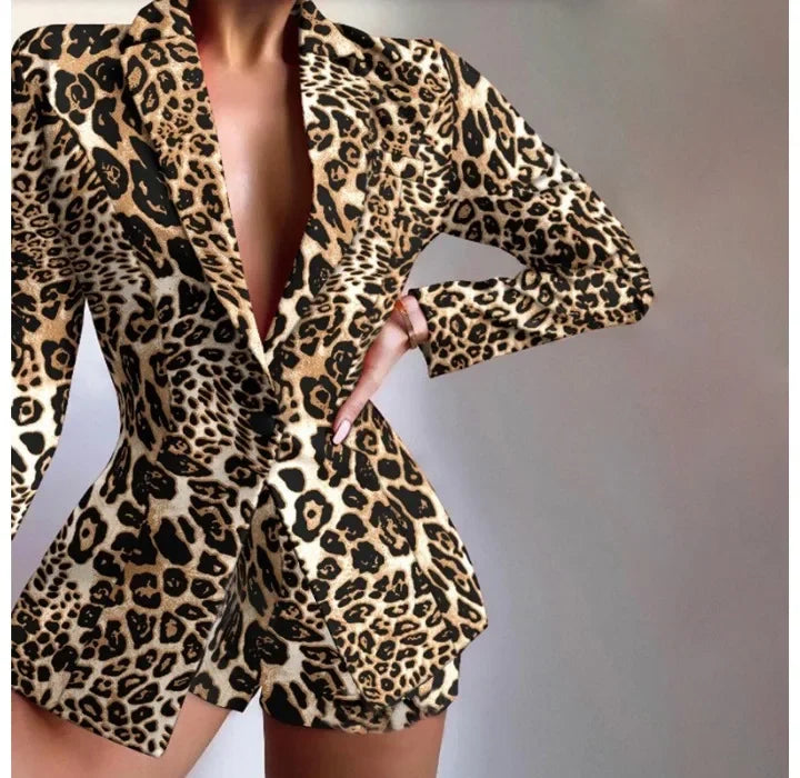 Shorts Suit 2 Piece Set for Womens Outifits 2024 Fall Winter Fashion Leopard Print Casual Long Sleeves Blazer Half Pants Suits