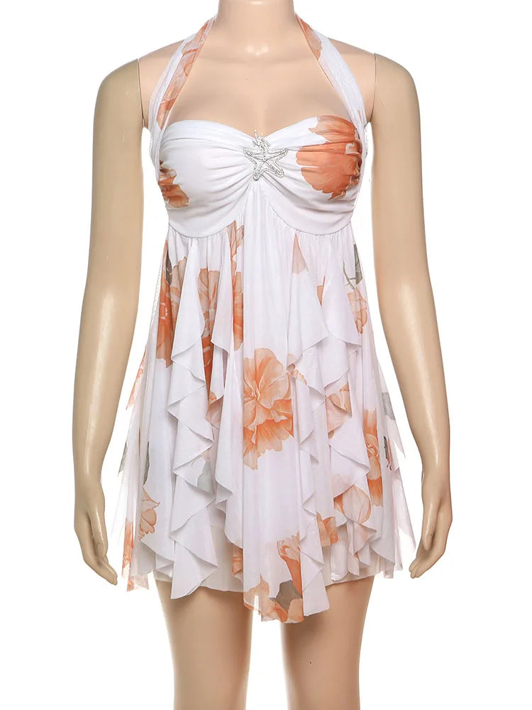 Nibber Backless Metal Starfish Dress Women Low-Nec Chest Wrap Halter Irregular Ruffles Hem Sleeveless Vacation Mini Bodycon