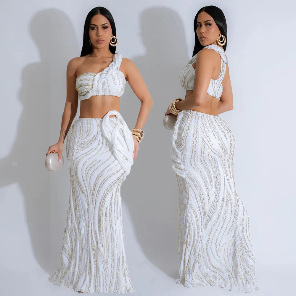 CM.YAYA Women’s Dress Set Mesh Sequined Ribbon Sleeveless Strap Top + Long Skirts Sets 2 Two Pcs Sets Sexy Party Evening Oufits