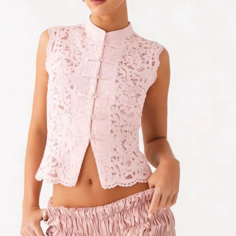 Floral Lace Front Hollow Out Split Mandarin Collar Tank Top for Women
