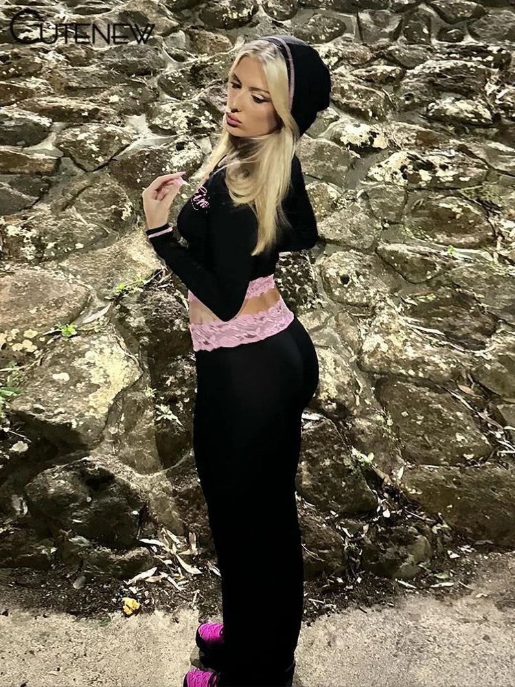 Lace Patchwork Hooded Top Two-Piece Set