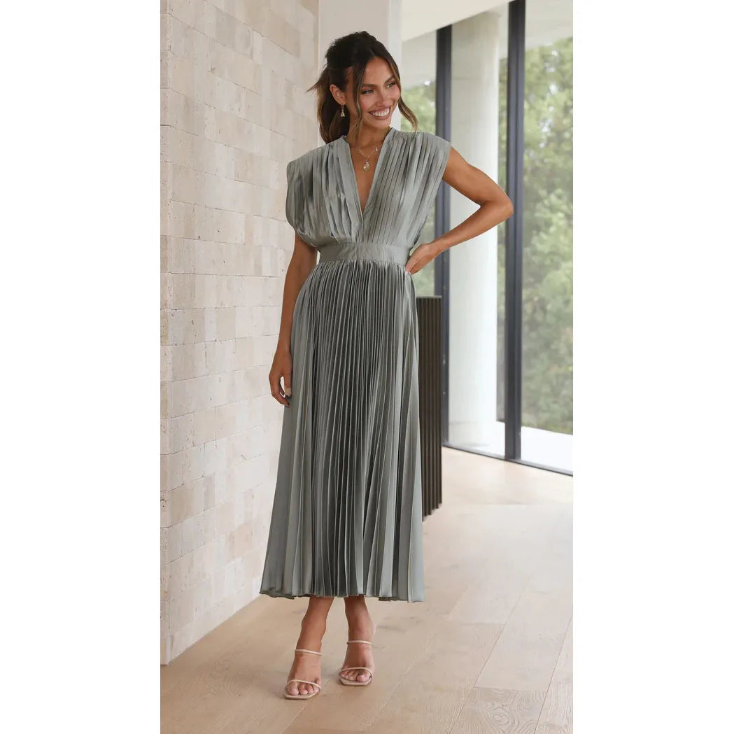 Elegance Draped V-Neck Pleated Skirt Dress 2025 Women Solid Strapless Backless Patchwork Loungewear Simple Maxi Dress