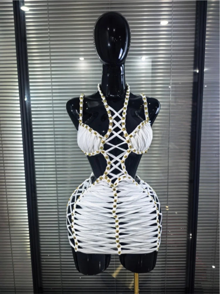 New White Color Women Sexy Halter Hollow Out Bodycon Mini Dress Celebrate Nightclub Party Bar Singer TV Show Performance Costume