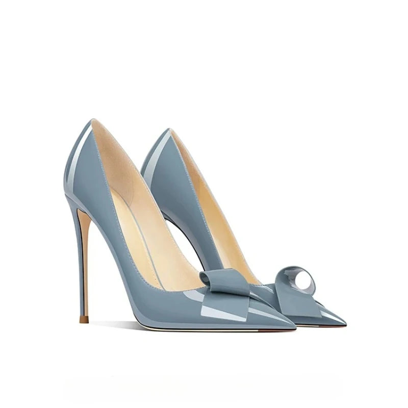 Bow Pointed Stiletto Patent Leather Pumps for Women