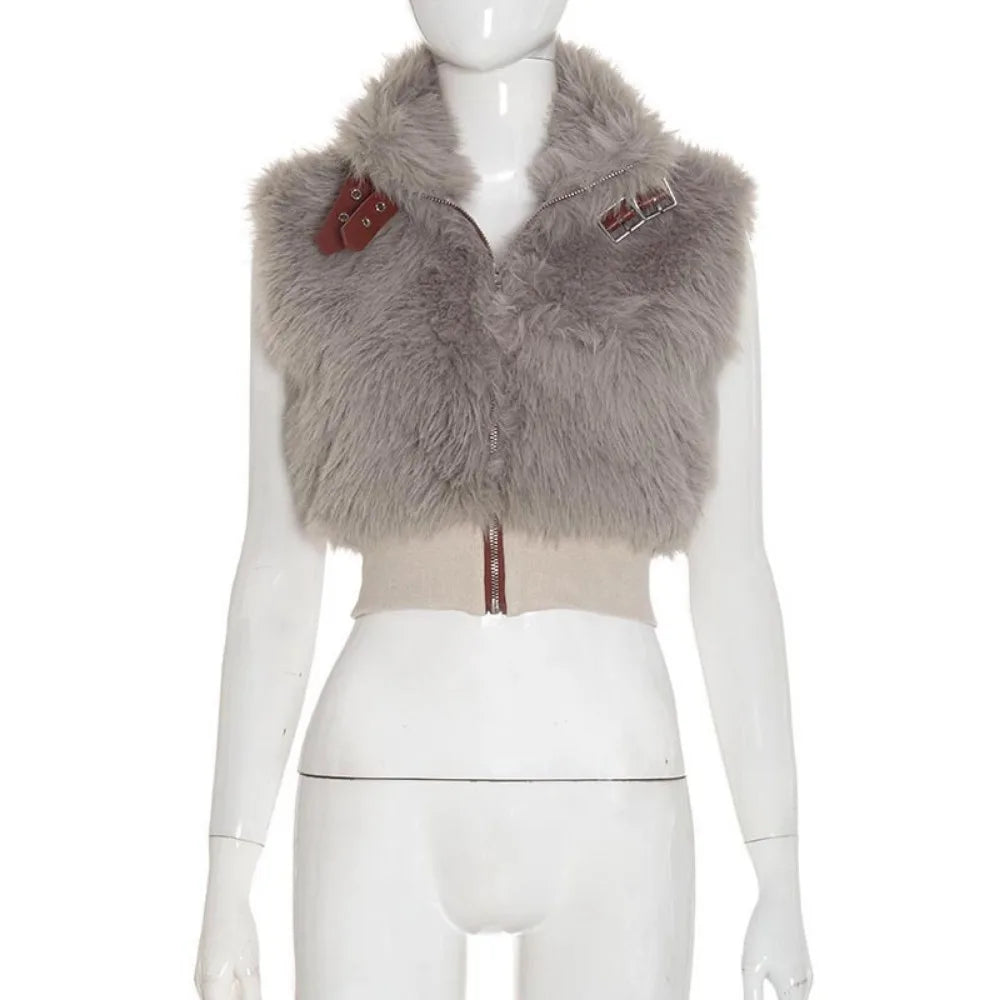 Faux Fur Patchwork Sleeveless Zipper Vest for Women