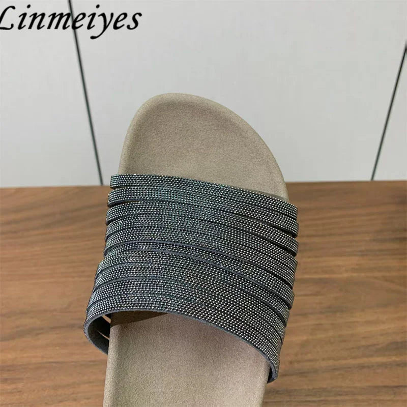 Cow Suede Bead Chain Narrow Strap Slippers for Women