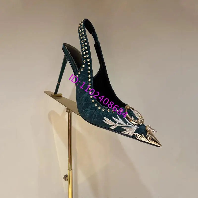 Design Women High Heel Metal Toe Embroidered High Heel Shoes Sexy Lady High Heel Gold Pointed Metal Toe Slingback Stilettos