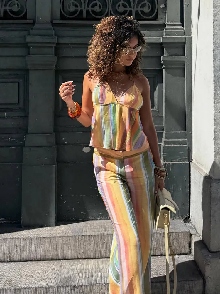 Cotton Striped High Waist Two Piece Summer Set For Women