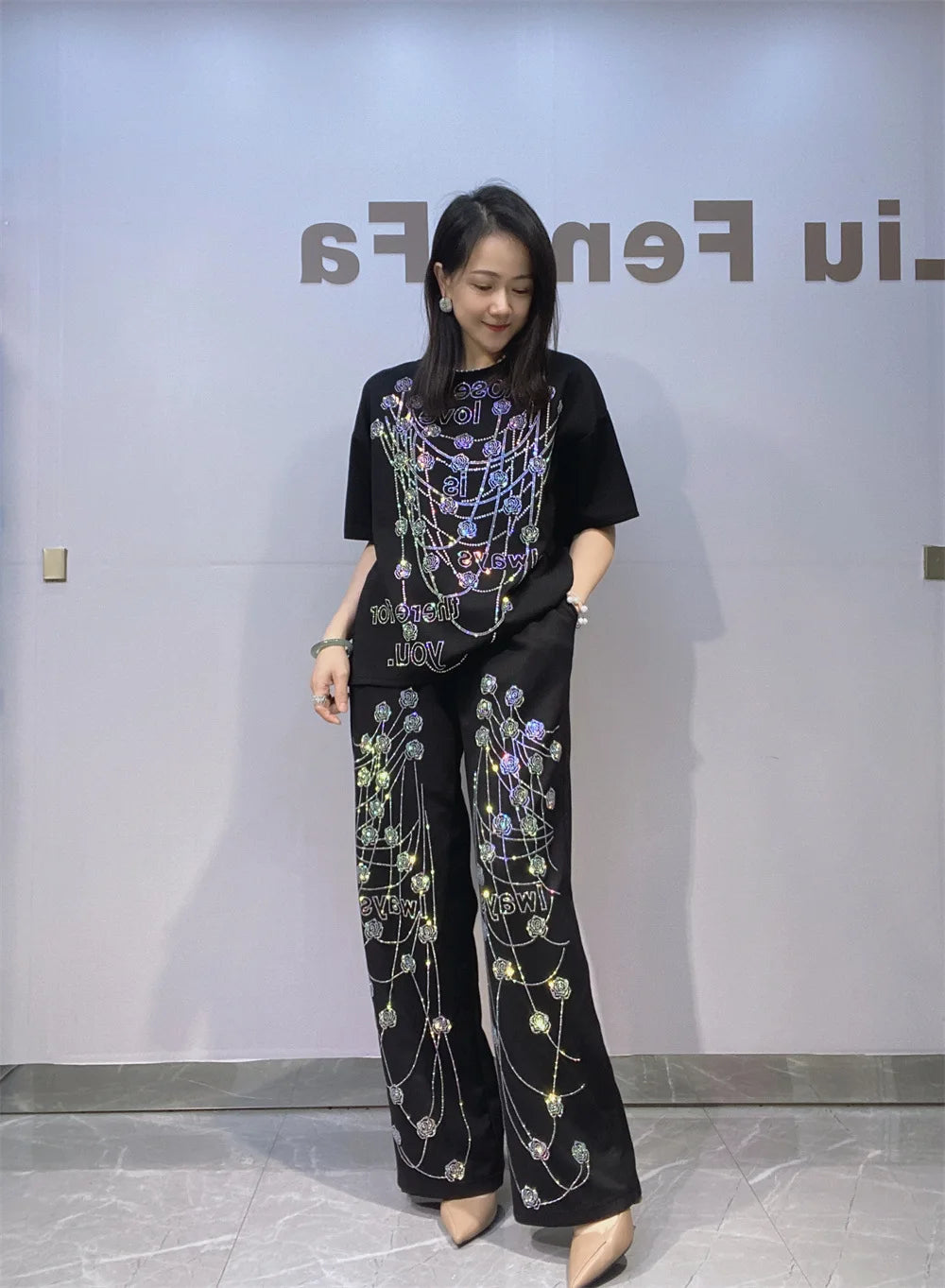 Elegant Lady Summer Two-piece Set Luxury Space Cotton Hot Diamonds Loose Short Sleeve T-shirt Top + Elastic Waist Wide Leg Pants