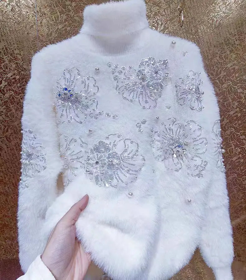 High-end Beads Sequined Stitch Thick Faux Fur Turtleneck Sweater for Women Autumn/Winter New Knit Outwears Pullovers Jumpers