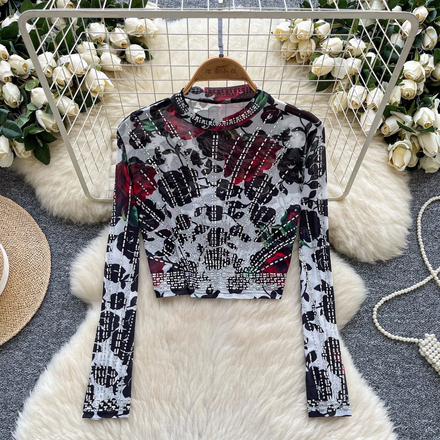 Leopard Print Rhinestone Mesh Long Sleeve Crop Top for Women
