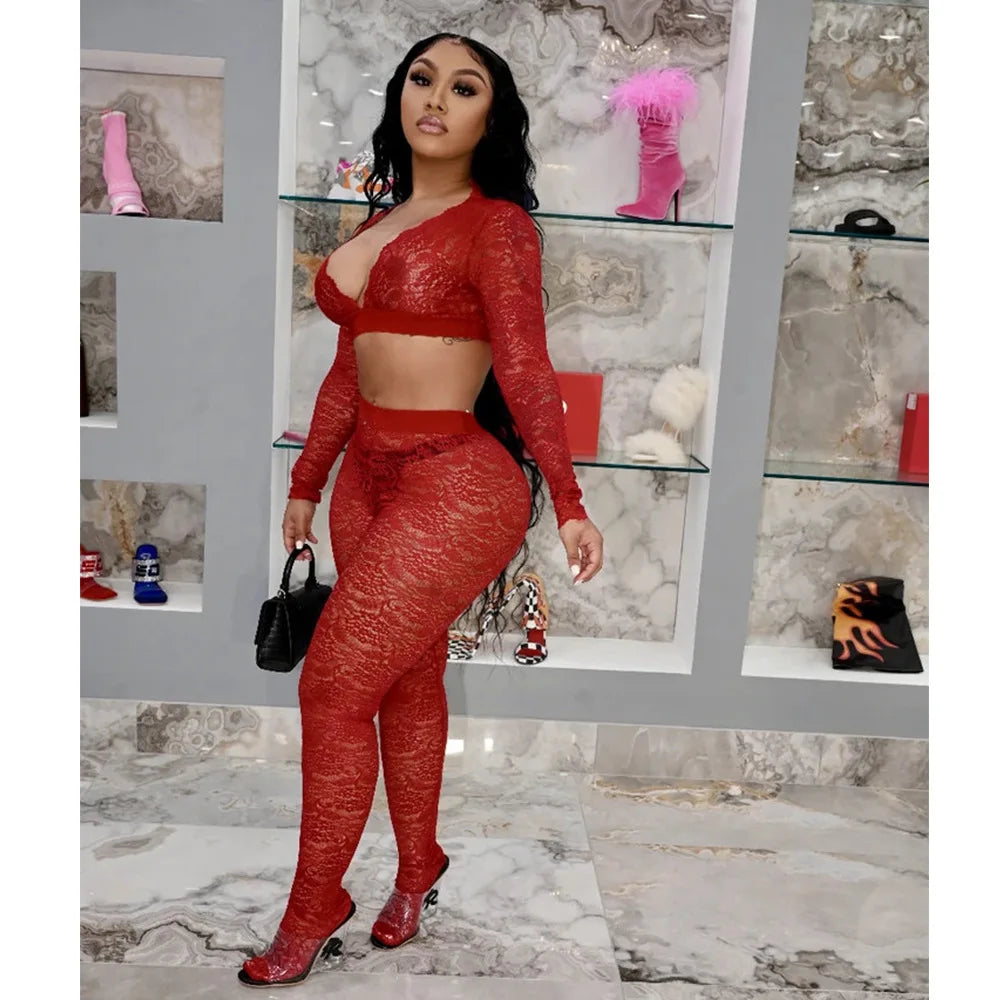 Lace Sheer Two Piece Set With Deep V Crop Tops for Women