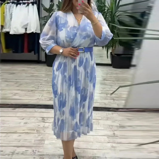 Casual Loose Holiday Long Dress Chiffon Floral Print Pleated Commuter Dress Autumn Vintage Lady V-neck Half Sleeved Party Dress