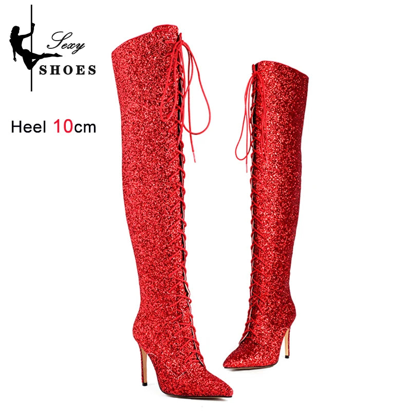 Shiny Sequined Over The Knee High Heel Boots for Women