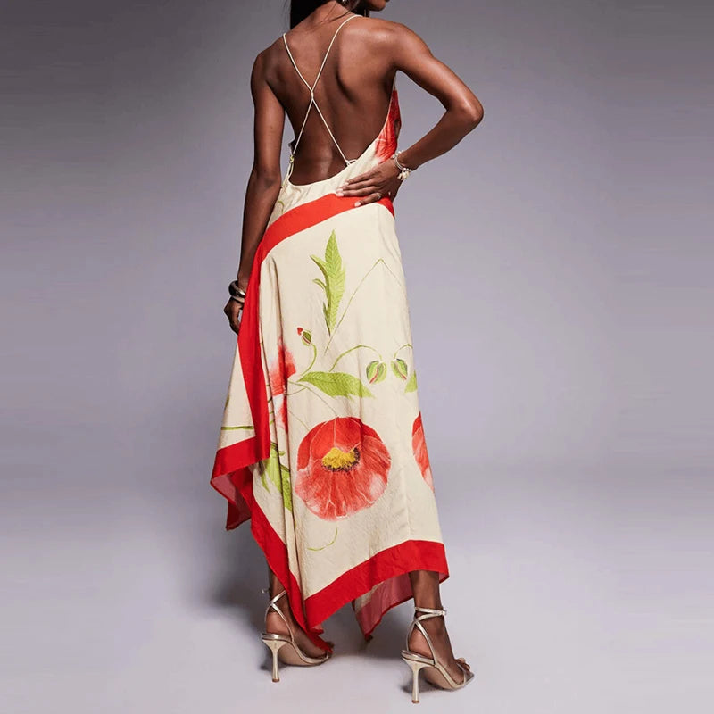 Irregular Off Shoulder Women's Holiday Dress Woman Fashion Sleeveless Beach Maxi Dress Summer Sexy Suspender Printed Long Dress