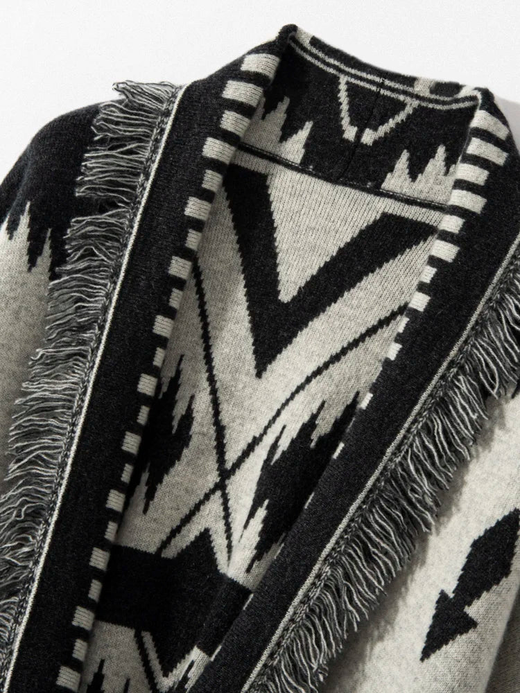 Luxury Women Vintage Tassels Cardigan 100% Cashmere Knit Jacquard Sweater Coat Autumn Winter High Quality Female Clothing Tops