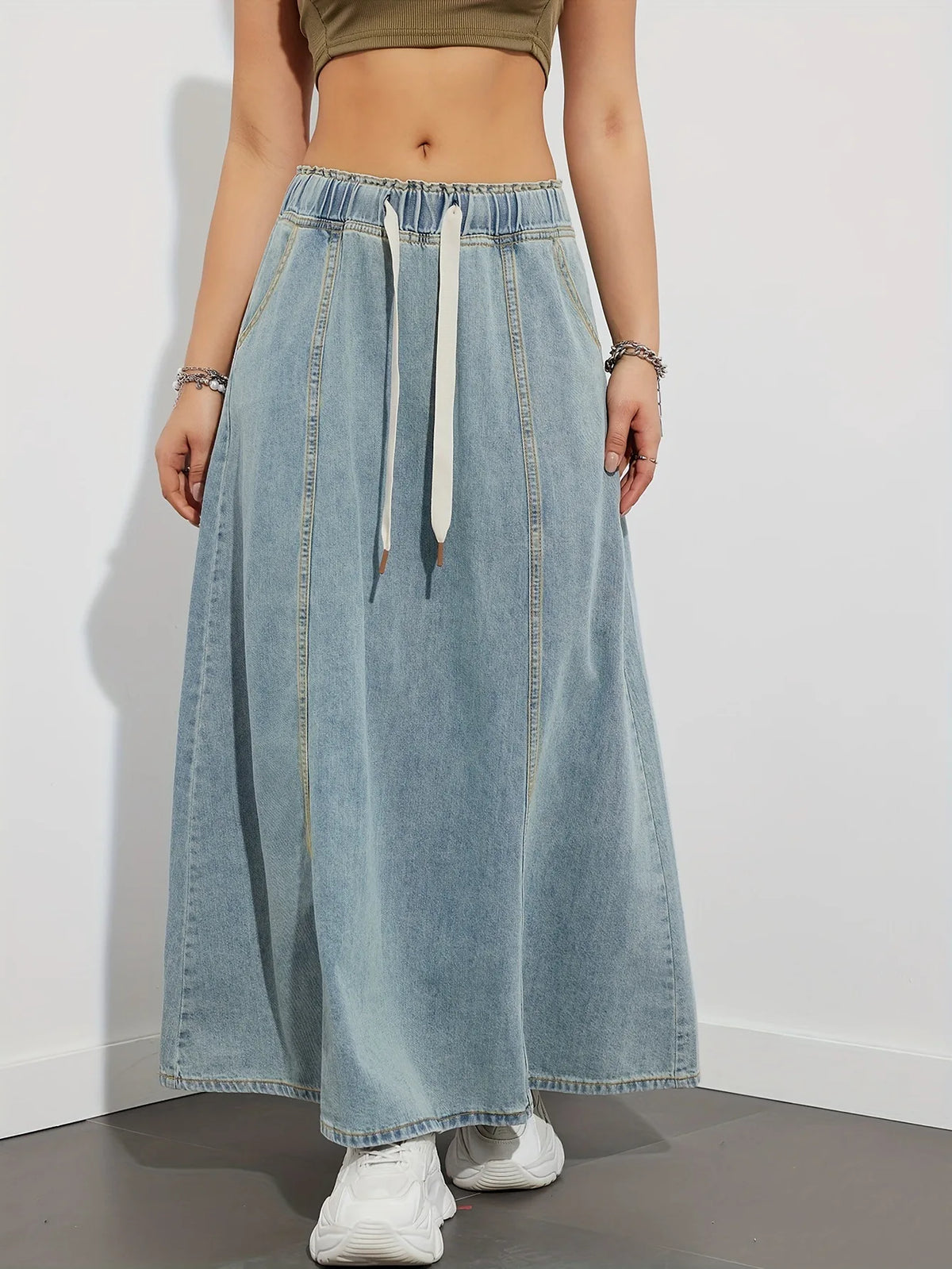 Elastic Waist Lace Up Loose Casual Denim Maxi Skirt for Women