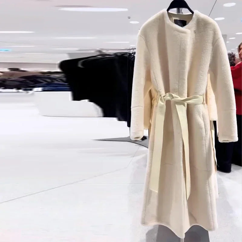 Lace Up Elegant White Faux Fur Long Coat for Women