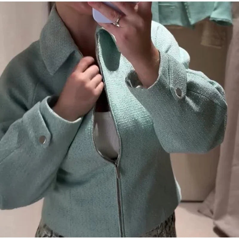 Chic Slim Fit Lapel Zipper Casual Short Coat for Women