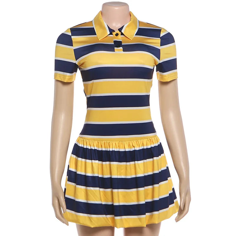 Vibrant Yellow Striped Patchwork Mini Dress for Women