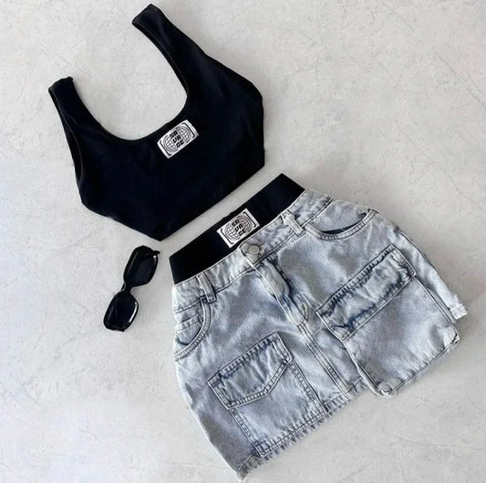 Sexy Vest T-shirt Two-piece Set Y2K Korean Sweet Slim Fit Vest Harajuku Low Waist Patchwork Spicy Girl Denim Skirt