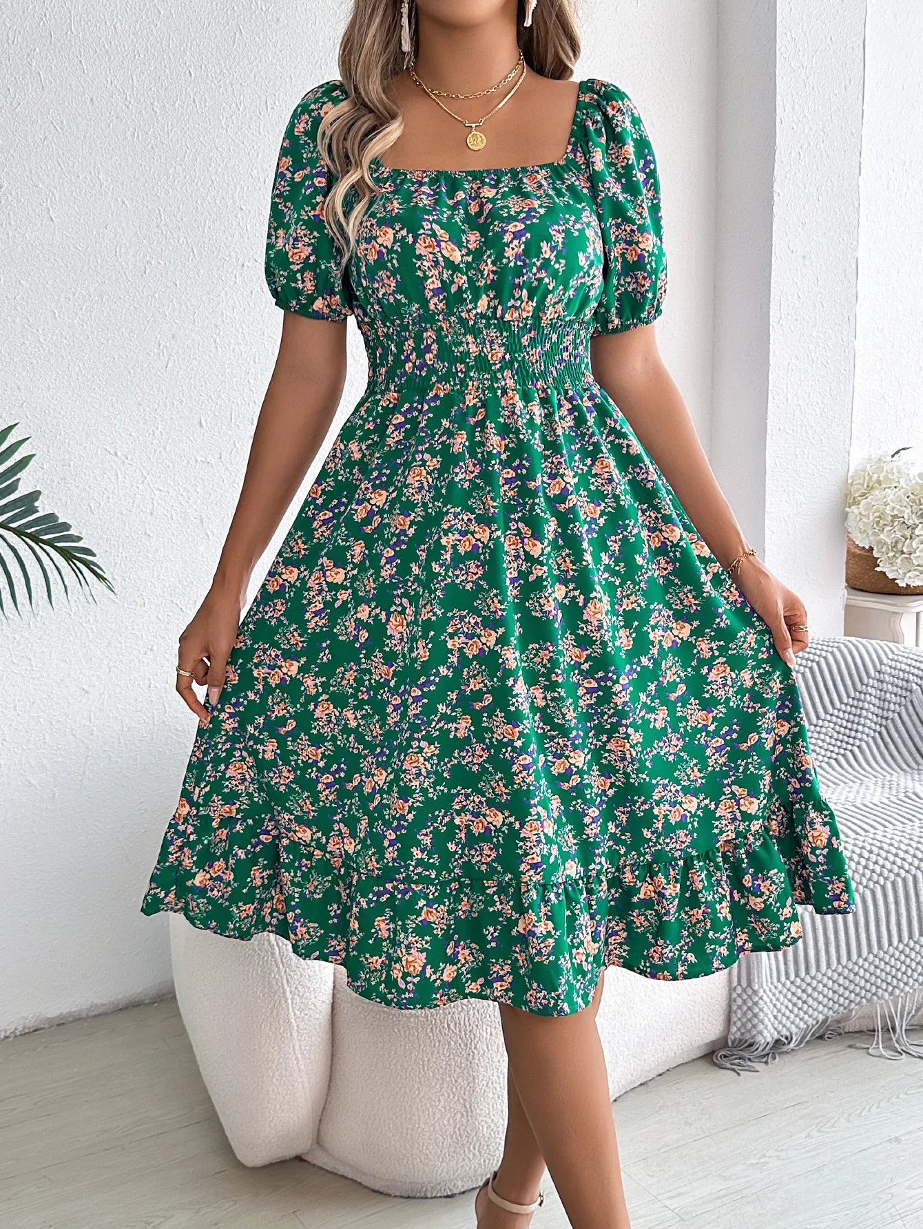 Floral Square Neck Short Sleeve High Waist Swing Dress for Women