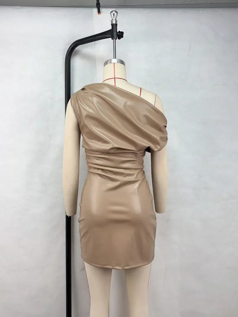 Elegant Inclined Shoulder Pu Leather Ruched Bodycon Mini Dress for Women