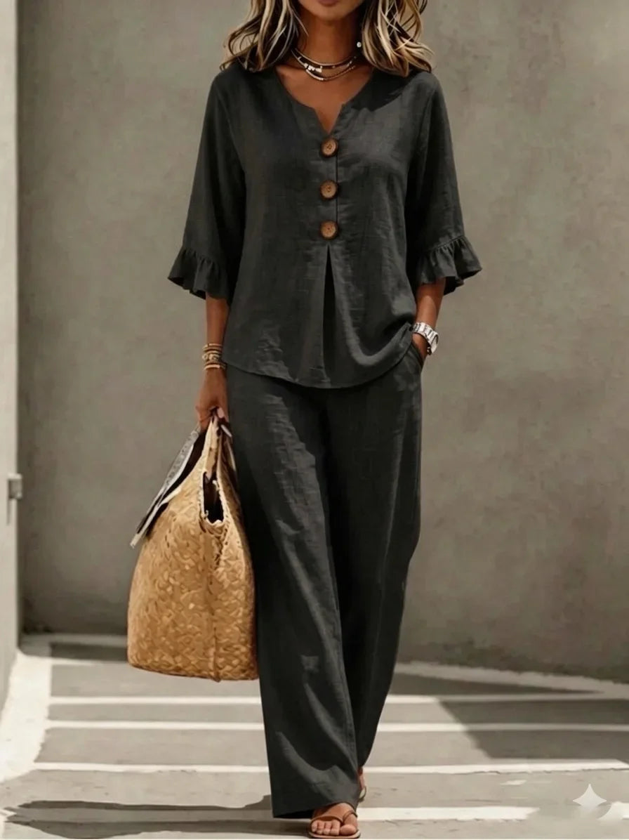 V-Neck Ruffled Two-Piece Top and Wide-Leg Pants Set for Women