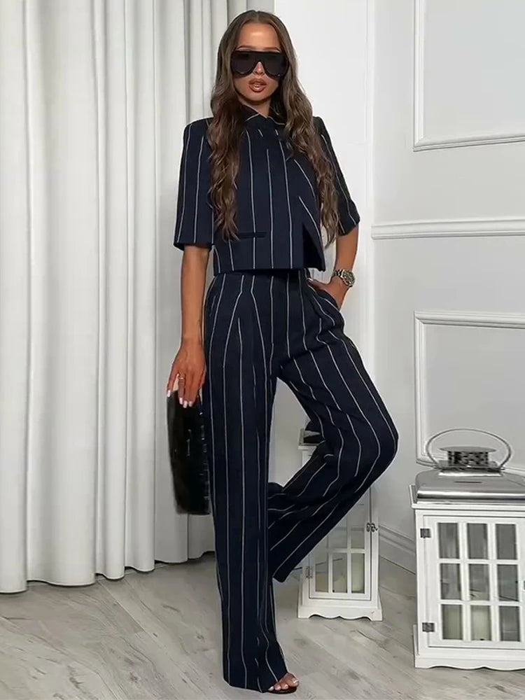 Elegant Striped Two Piece Coat and Pants Set for Women