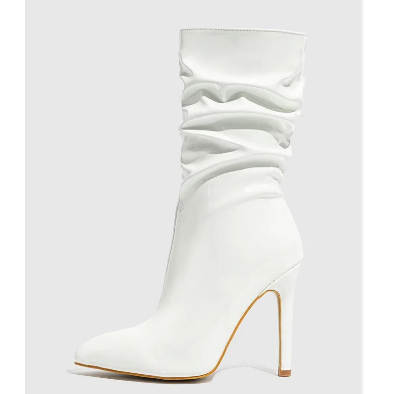 High Heel Patent Leather Pleated Ankle Boots for Women
