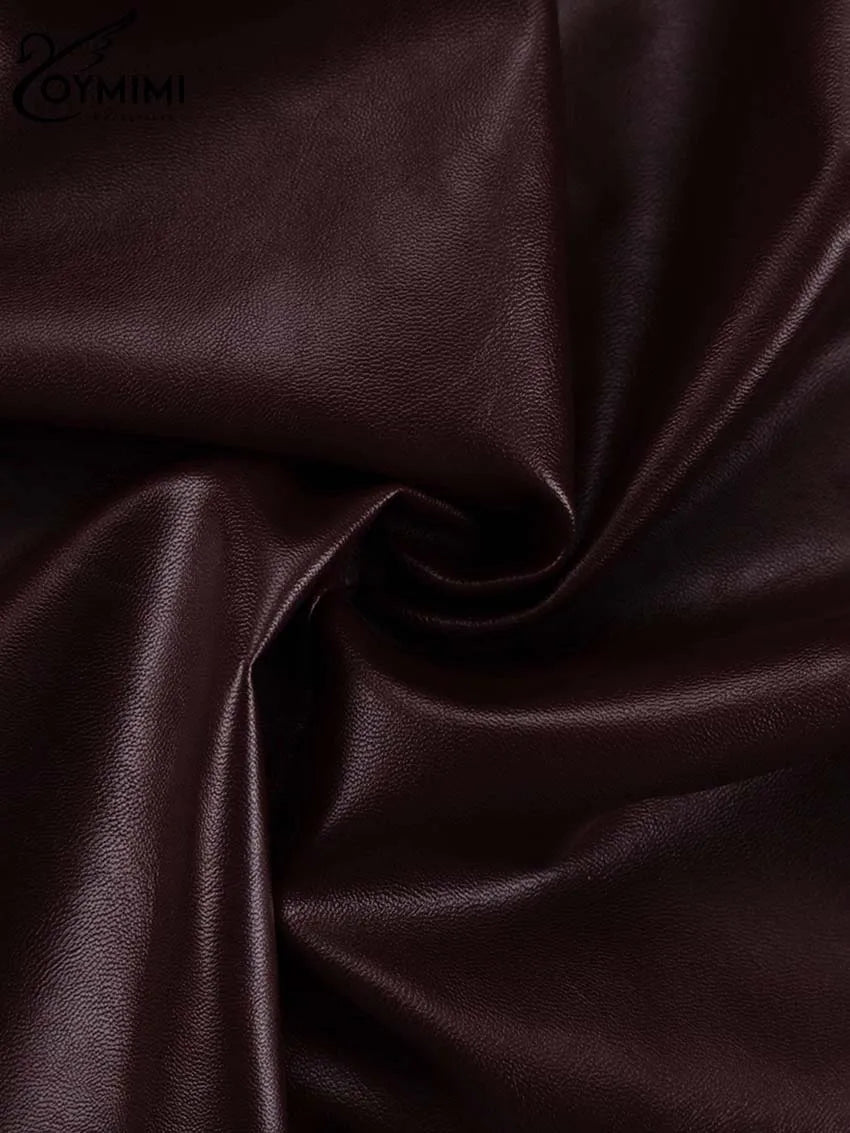 Oymimi Vintage Wine Red Pu Leather Womens 2 Piece Outfit Set Elegant Long Sleeve Lace-Up Shirts And Straight Simple Trousers Set