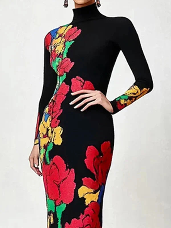 UOOZEE Women's Elegant Black High-Neck Floral Printed Bodycon Fishtail Dress 2025 New Spring Long-Sleeves Party Evening Dress