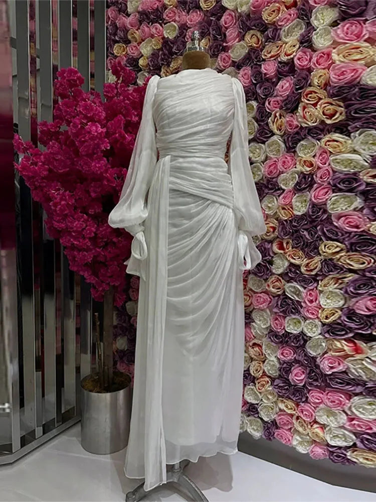 Lantern Sleeve Pleated Maxi With Lace Up O Neck Dress for Women