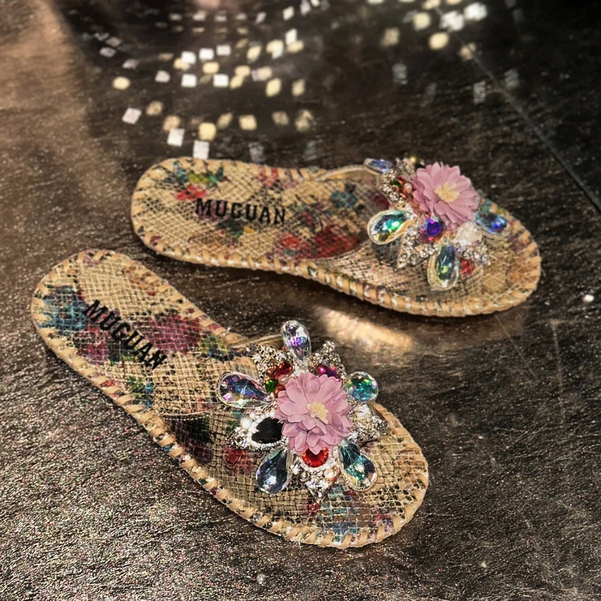 Crystal Flower Platform Outdoor Slippers for Women