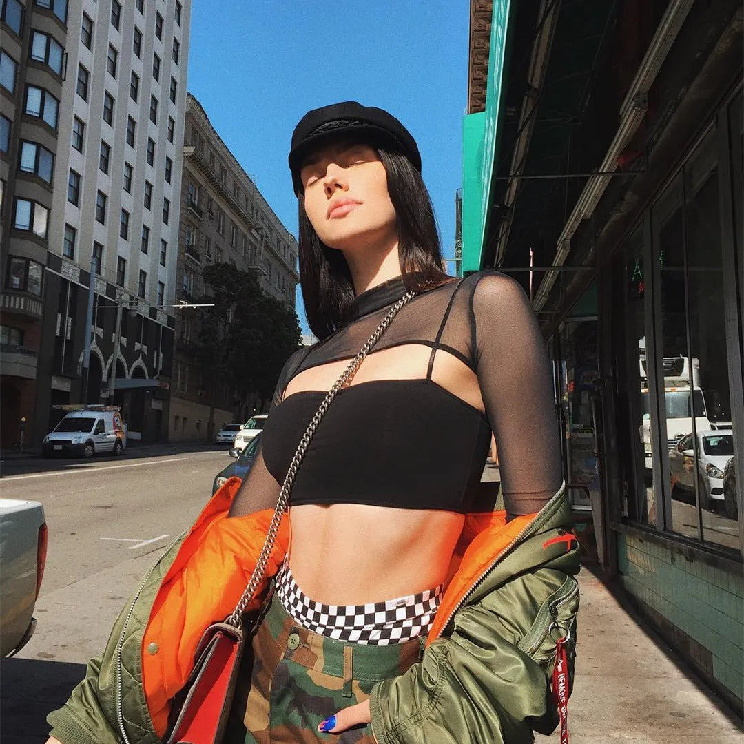 Sexy Women Crop Top Mesh Sleeve T-Shirt Sexy Tops Hollow Out Transparent Tops Ladies T Shirt Black Top Casual T-shirt Tee Shirts