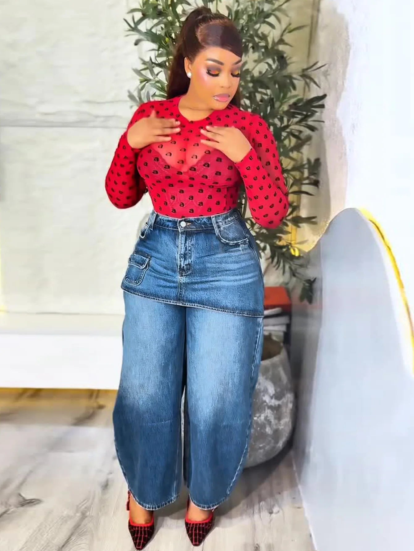High Waisted Wide Leg Denim Jeans With Detachable Skirt For Women