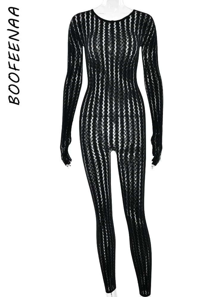 BOOFEENAA See Through Seamless Striped Jacquard One Piece Long Sleeve Jumpsuit Sexy All Black Outfits for Woman Baddie C92-DZ18