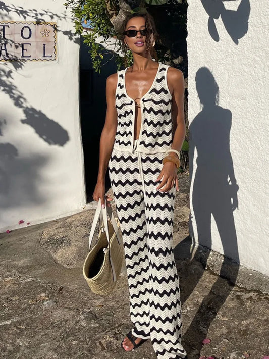 2025 Wave Striped Knit 2 Piece-Set Women's Fashion Top Lace-up Long Pant Knitwear Sets Holiday Swimsuit Cover Up Outfits K130