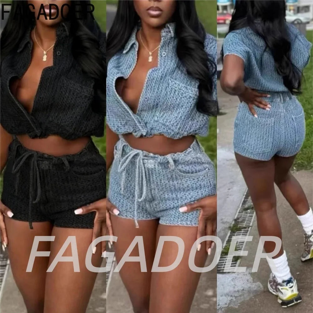 Embroidered Polo Neck Two Piece Denim Shorts Set for Women