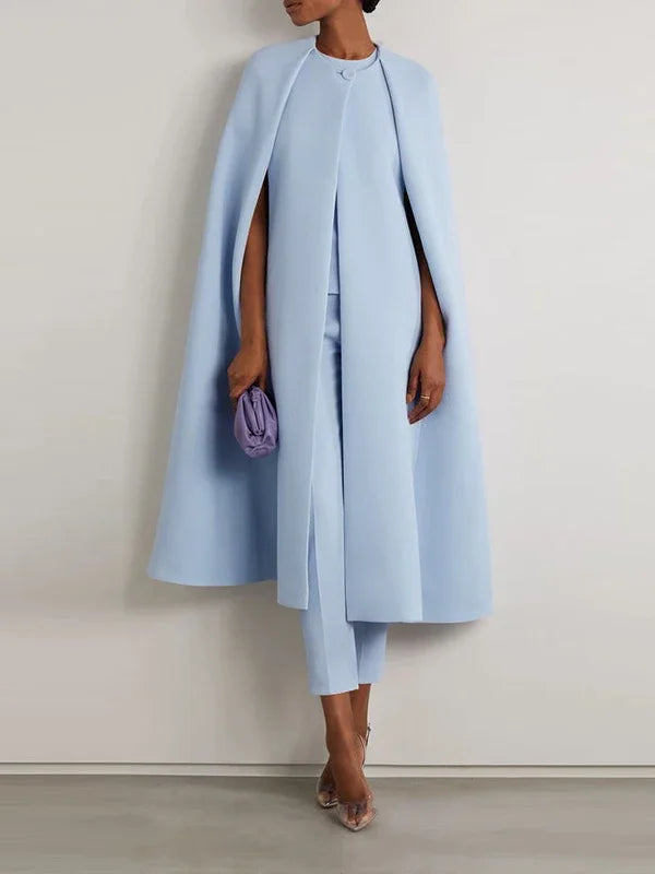 Elegant Solid Color Cape Coat High Waist Pants Two Piece Set For Women