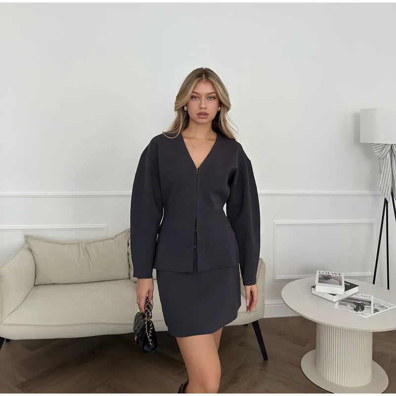 Elegant Knit Two Piece Set With Front Cutout and V Neck For Women